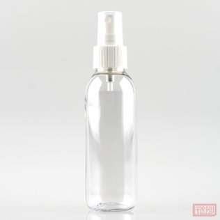 125ml Tall Clear PET Plastic Pharmacy Bottle with White Atomiser and Clear Overcap
