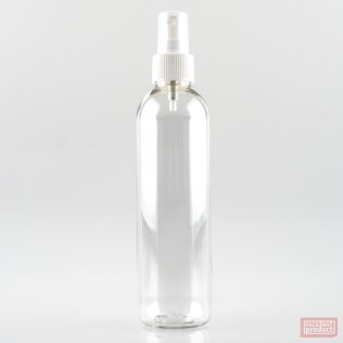 250ml Tall Clear PET Plastic Pharmacy Bottle with White Atomiser and Clear Overcap