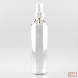 250ml Tall Clear PET Plastic Pharmacy Bottle with White Atomiser and Clear Overcap