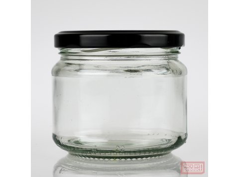 300ml Squat Clear Glass Food Jar with 82mm Black Twist Cap