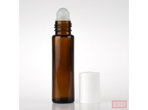 10ml Amber Glass Roll-on Bottle with Glass Ball and White Cap
