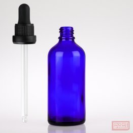 100ml Blue Glass Pharmacy Bottle with Black Nitrile Dropper Tamper Cap