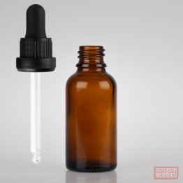 30ml Amber Glass Pharmacy Bottle with Black Nitrile Dropper Tamper Cap