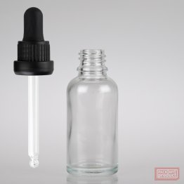 30ml Clear Glass Pharmacy Bottle with Black Nitrile Dropper Tamper Cap