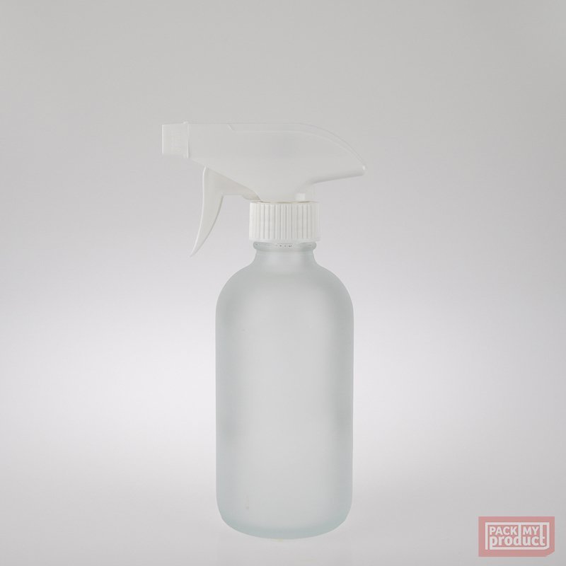 250ml Frosted Glass Boston Bottle with White Trigger Spray